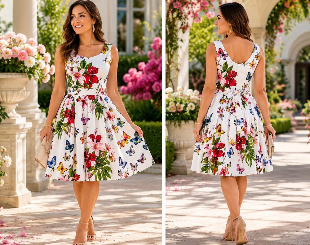 NEW! Derhy Floral Fit & Flare Dress M White Tropical Garden Cotton Sleeveless